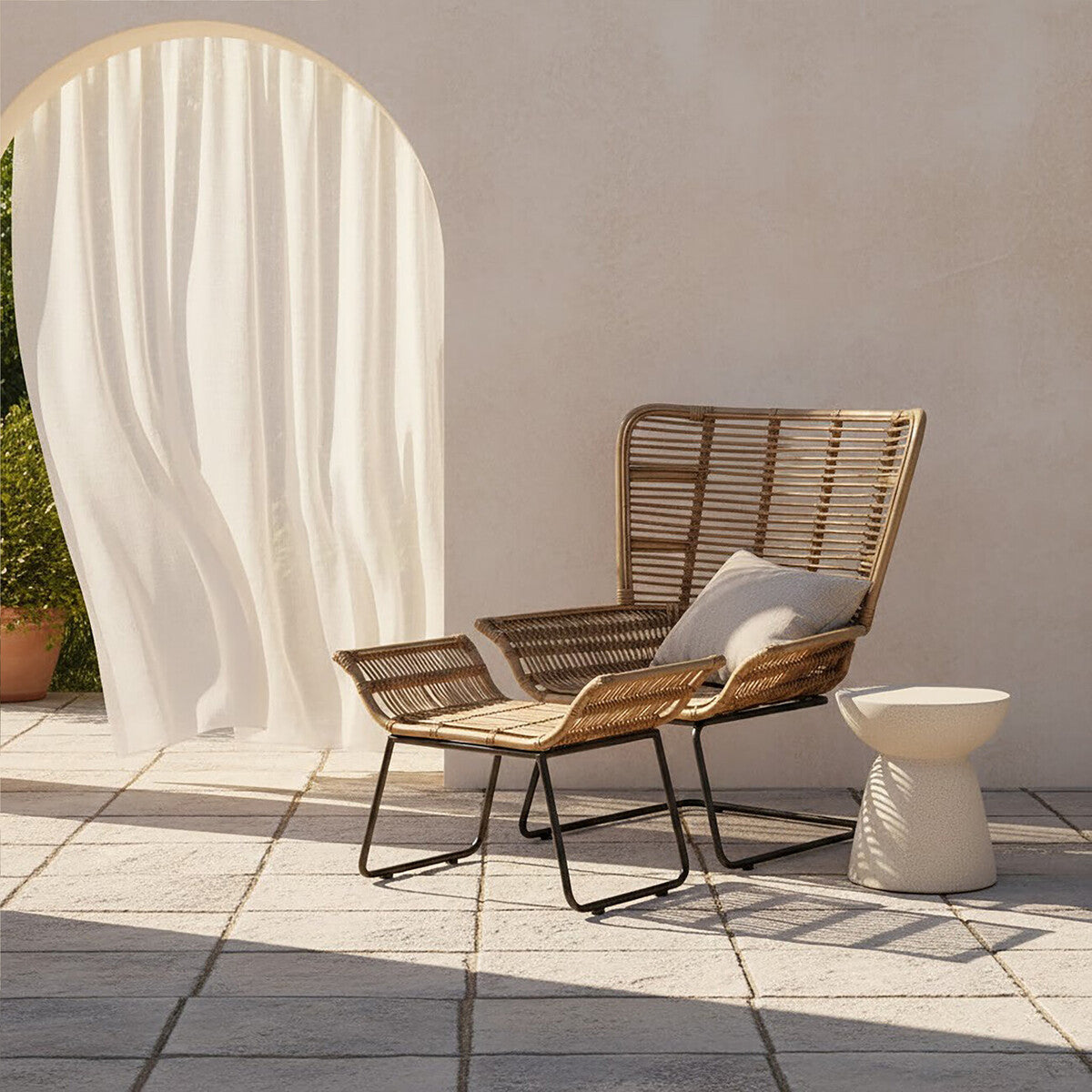 Natural Rattan Lounge Chair and Footstool