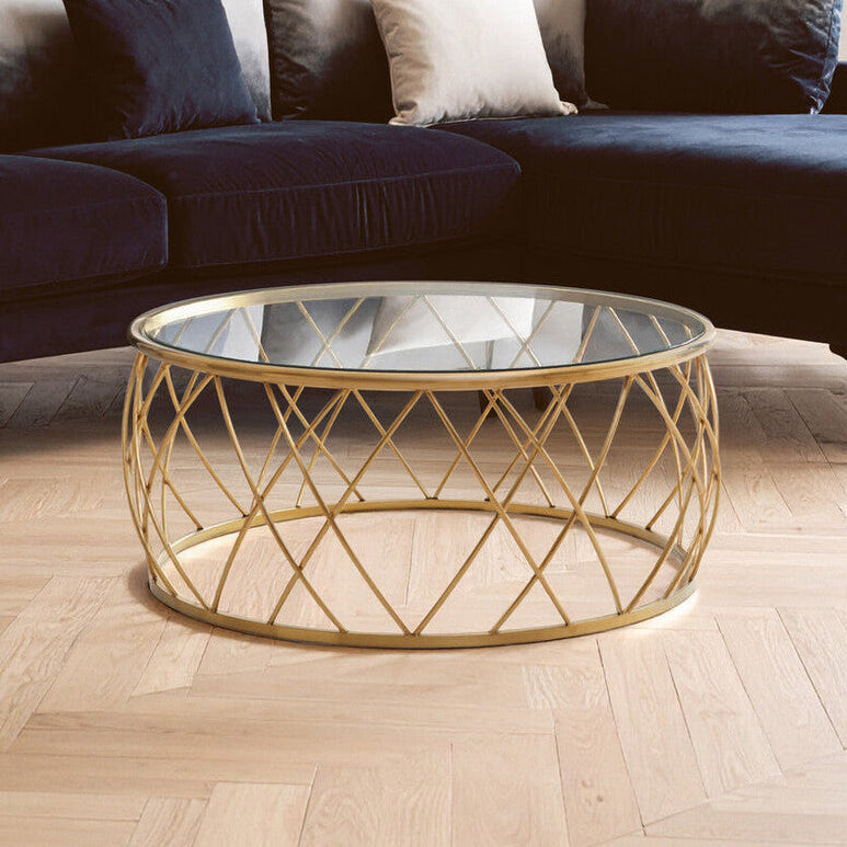 Gold Round Coffee Table with Clear Glass Top