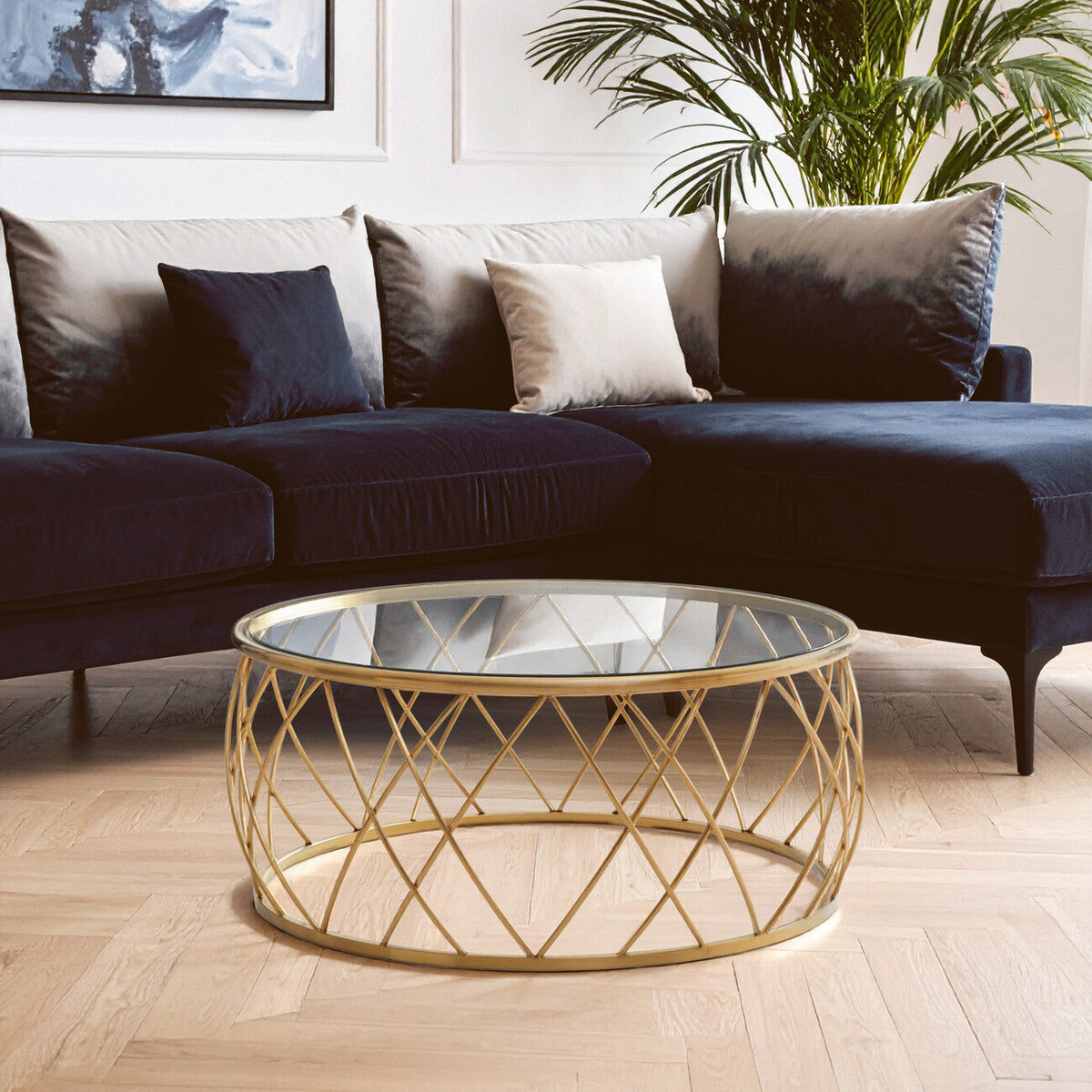 Gold Round Coffee Table with Clear Glass Top