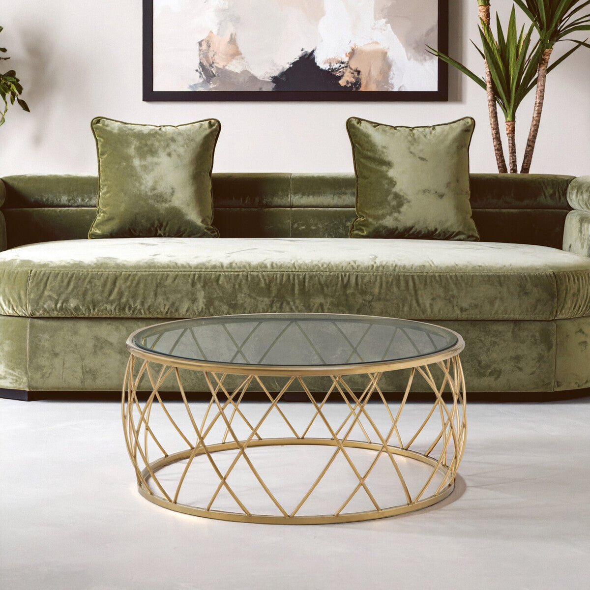 Gold Round Coffee Table with Clear Glass Top