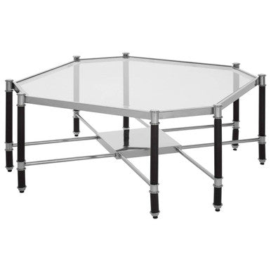 Silver and Black Metal Coffee Table with Clear Glass Top