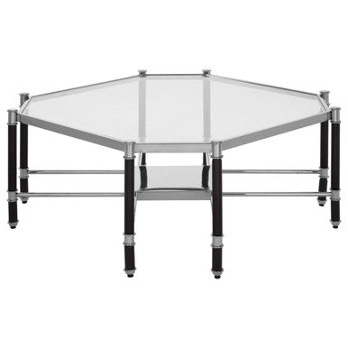 Silver and Black Metal Coffee Table with Clear Glass Top