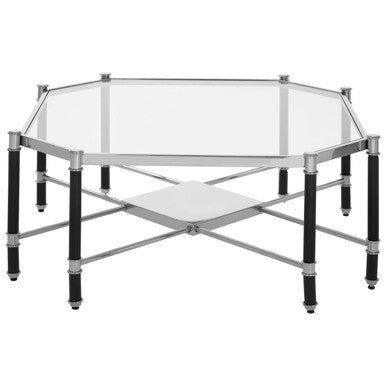 Silver and Black Metal Coffee Table with Clear Glass Top