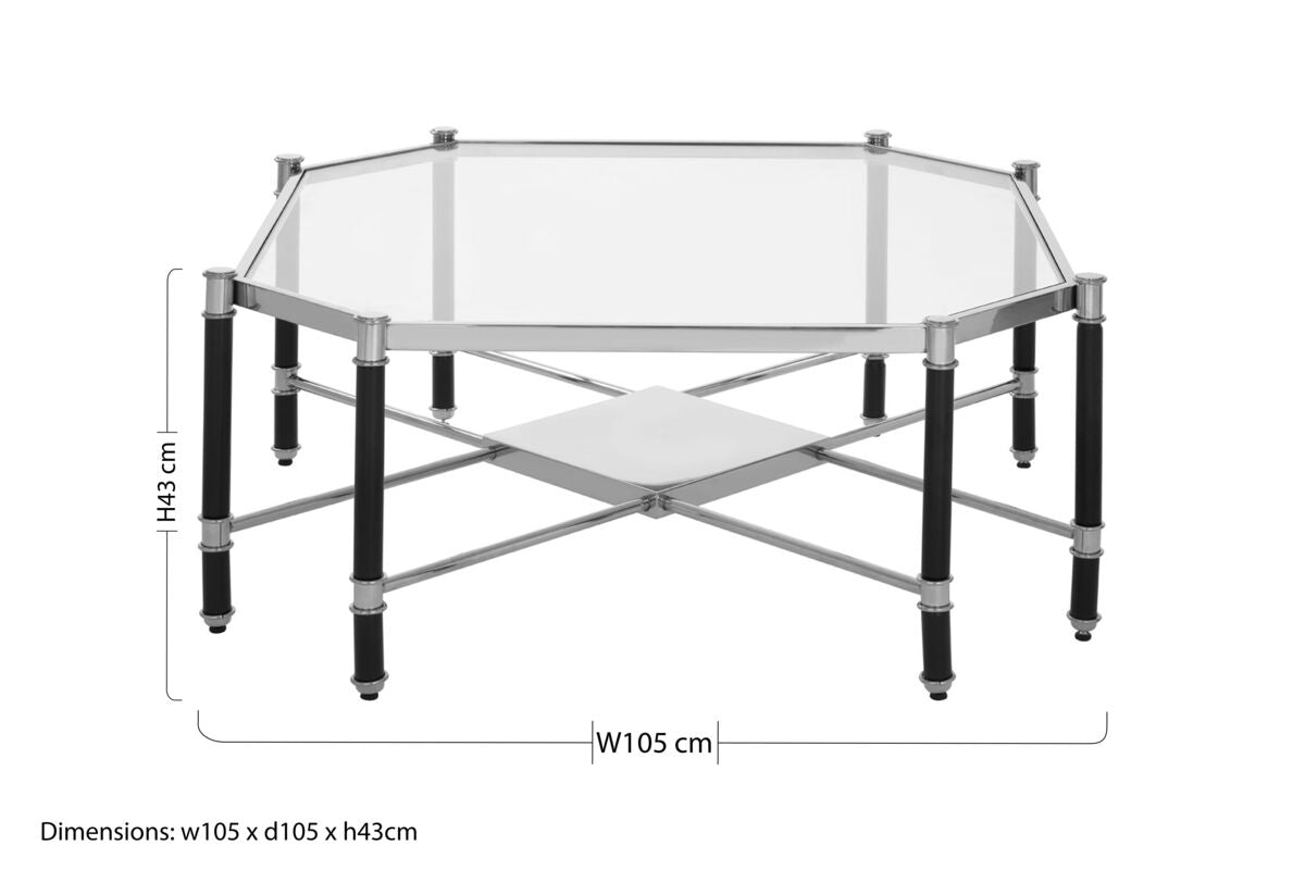 Silver and Black Metal Coffee Table with Clear Glass Top