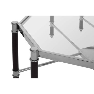 Silver and Black Metal Coffee Table with Clear Glass Top