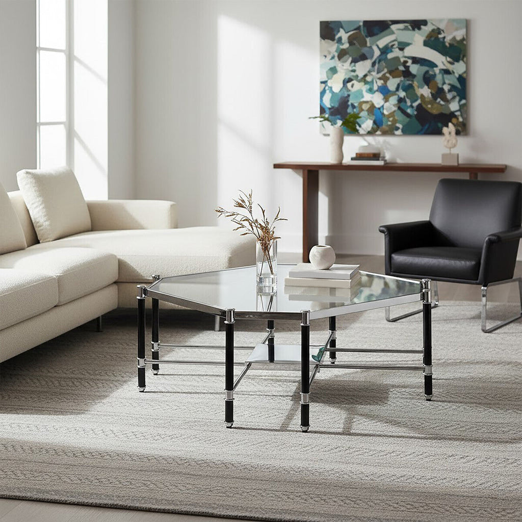 Silver and Black Metal Coffee Table with Clear Glass Top