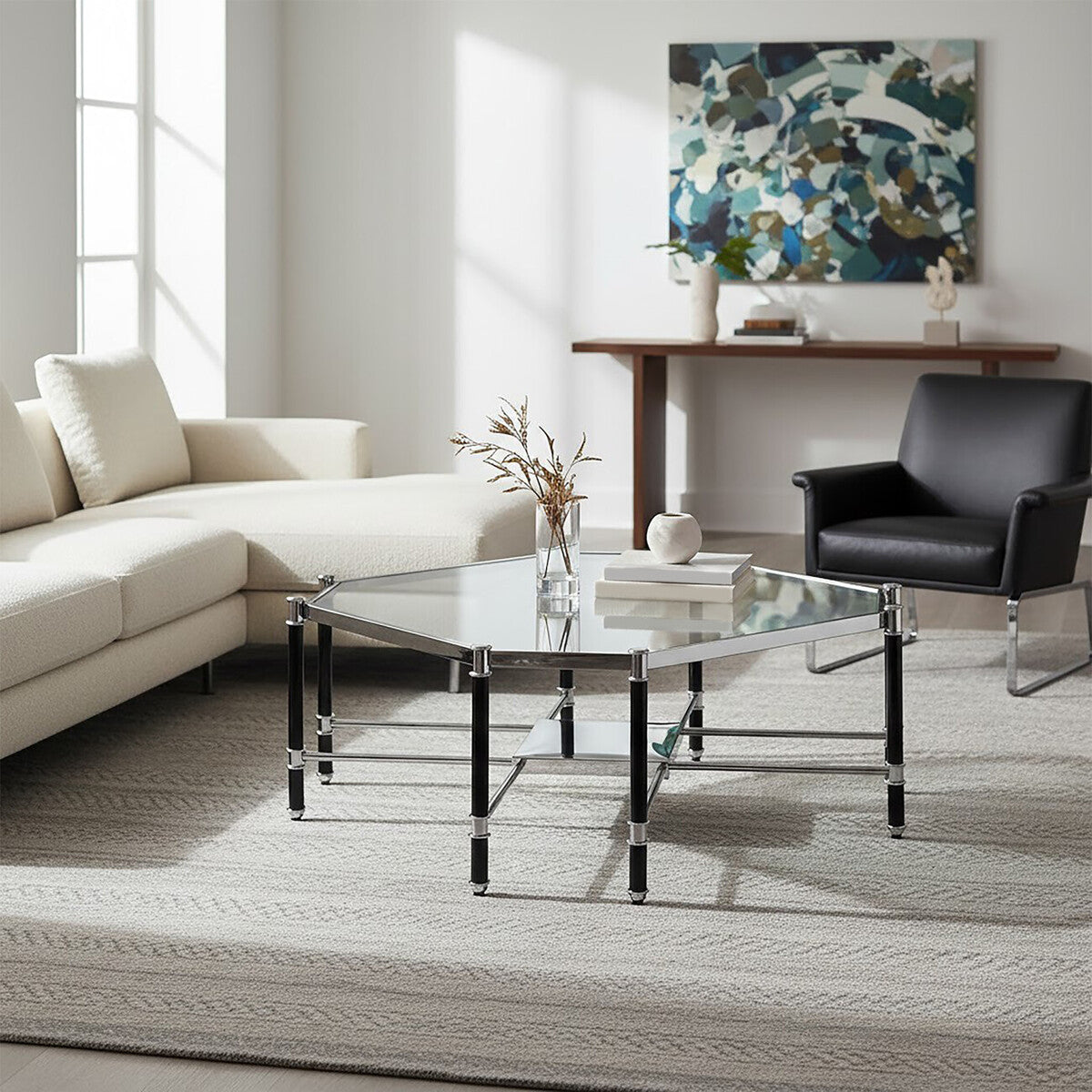 Silver and Black Metal Coffee Table with Clear Glass Top