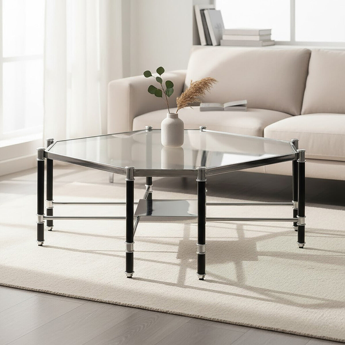 Silver and Black Metal Coffee Table with Clear Glass Top