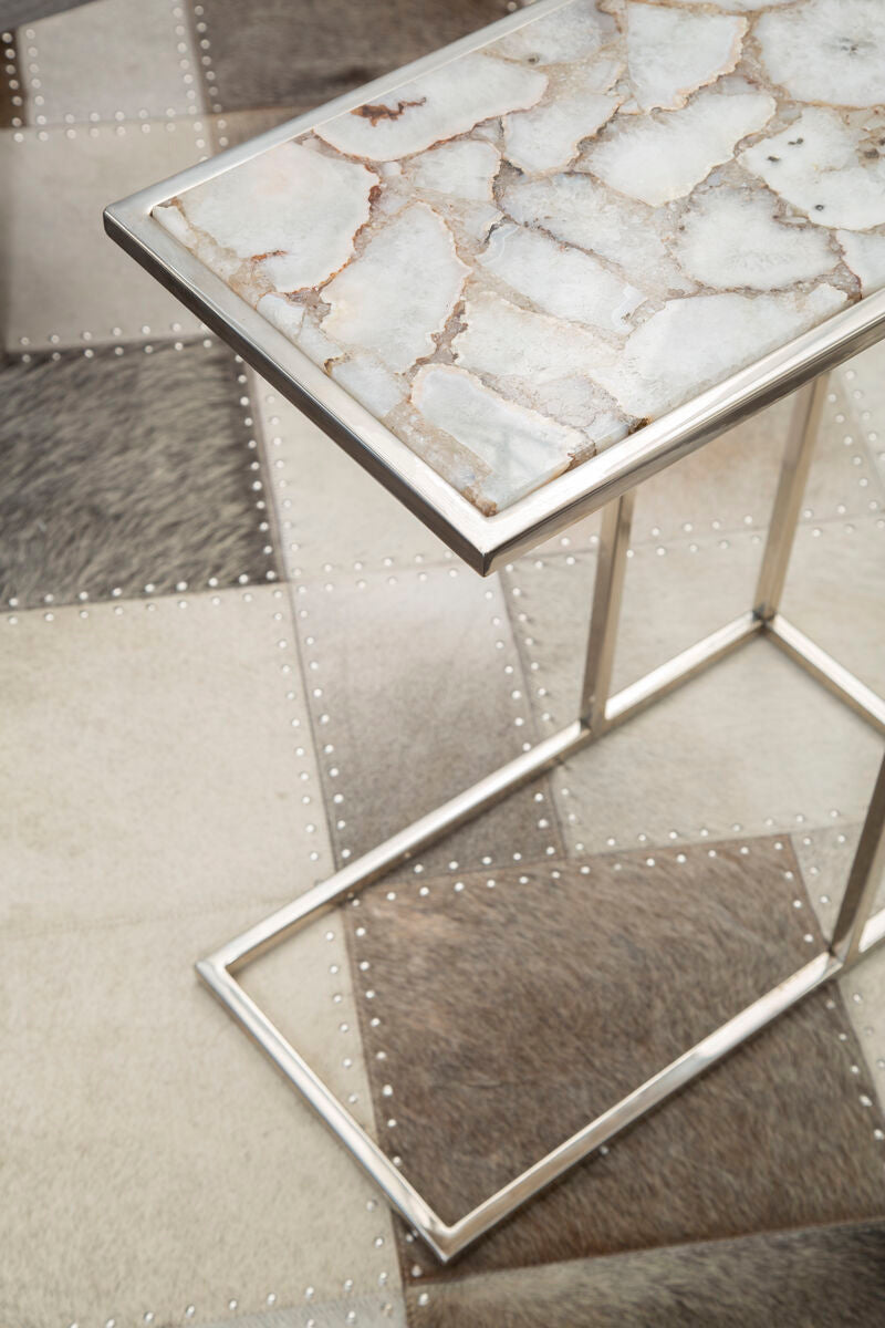 White and Silver Agate Side Table with Banded Pattern