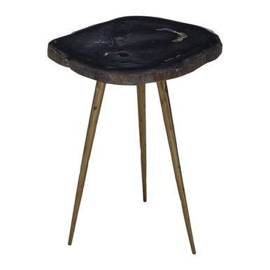Brown Petrified Wood Side Table with Brass Angular Legs
