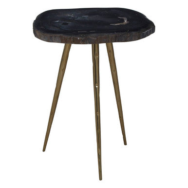 Brown Petrified Wood Side Table with Brass Angular Legs