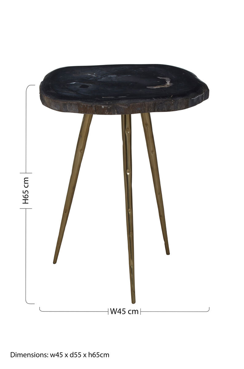 Brown Petrified Wood Side Table with Brass Angular Legs