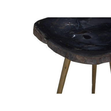 Brown Petrified Wood Side Table with Brass Angular Legs