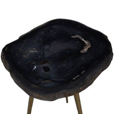 Brown Petrified Wood Side Table with Brass Angular Legs