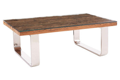 Natural Wood and Clear Glass Coffee Table with Silver U Shaped Metal Legs