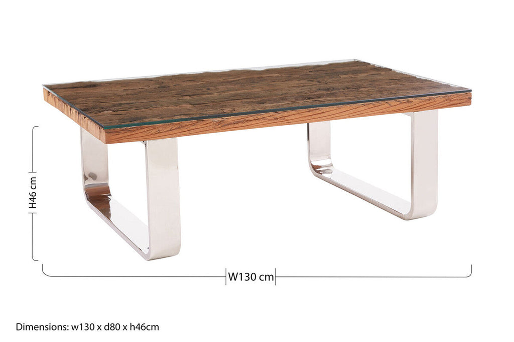 Natural Wood and Clear Glass Coffee Table with Silver U Shaped Metal Legs