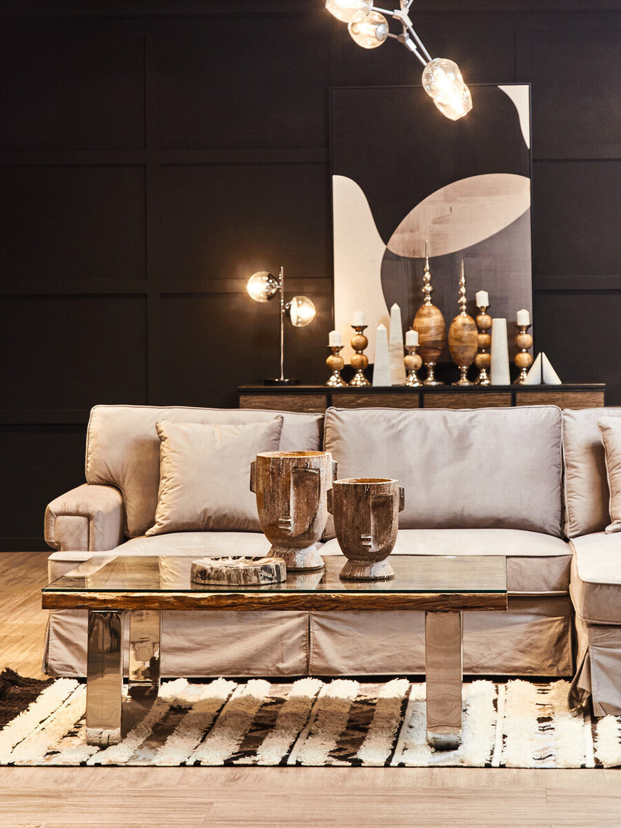 Natural Wood and Clear Glass Coffee Table with Silver U Shaped Metal Legs