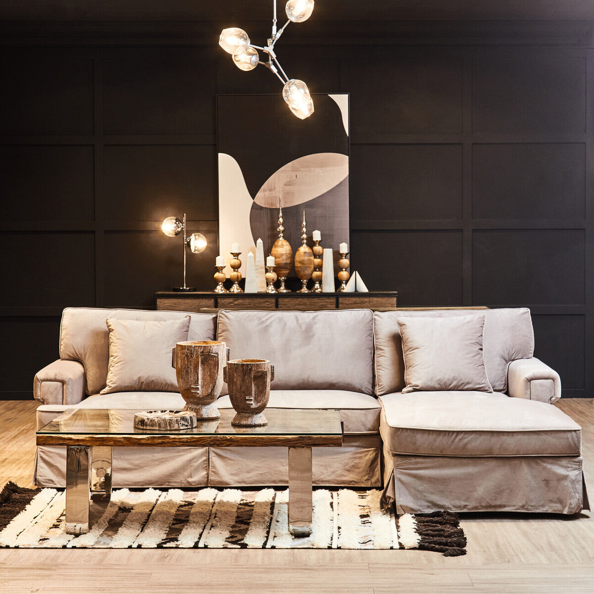 Natural Wood and Clear Glass Coffee Table with Silver U Shaped Metal Legs