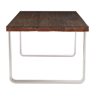 Natural Wood and Clear Glass Dining Table with Silver U Shaped Metal Legs