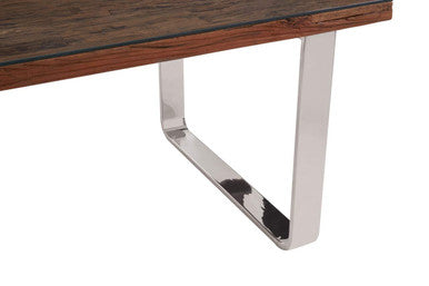 Natural Wood and Clear Glass Dining Table with Silver U Shaped Metal Legs