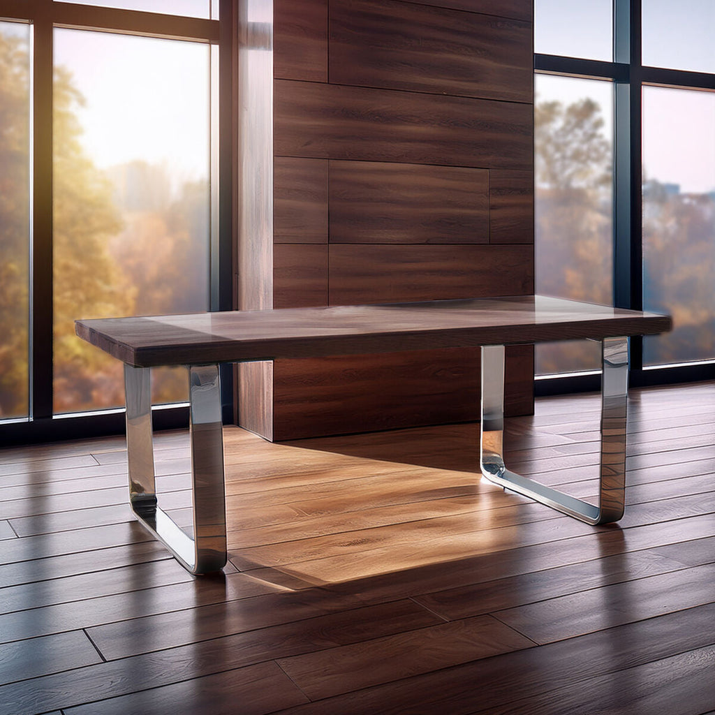 Natural Wood and Clear Glass Dining Table with Silver U Shaped Metal Legs
