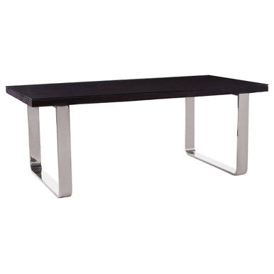Large Black Pinewood Dining Table with Glass Top and Silver Metal Legs