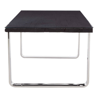Large Black Pinewood Dining Table with Glass Top and Silver Metal Legs