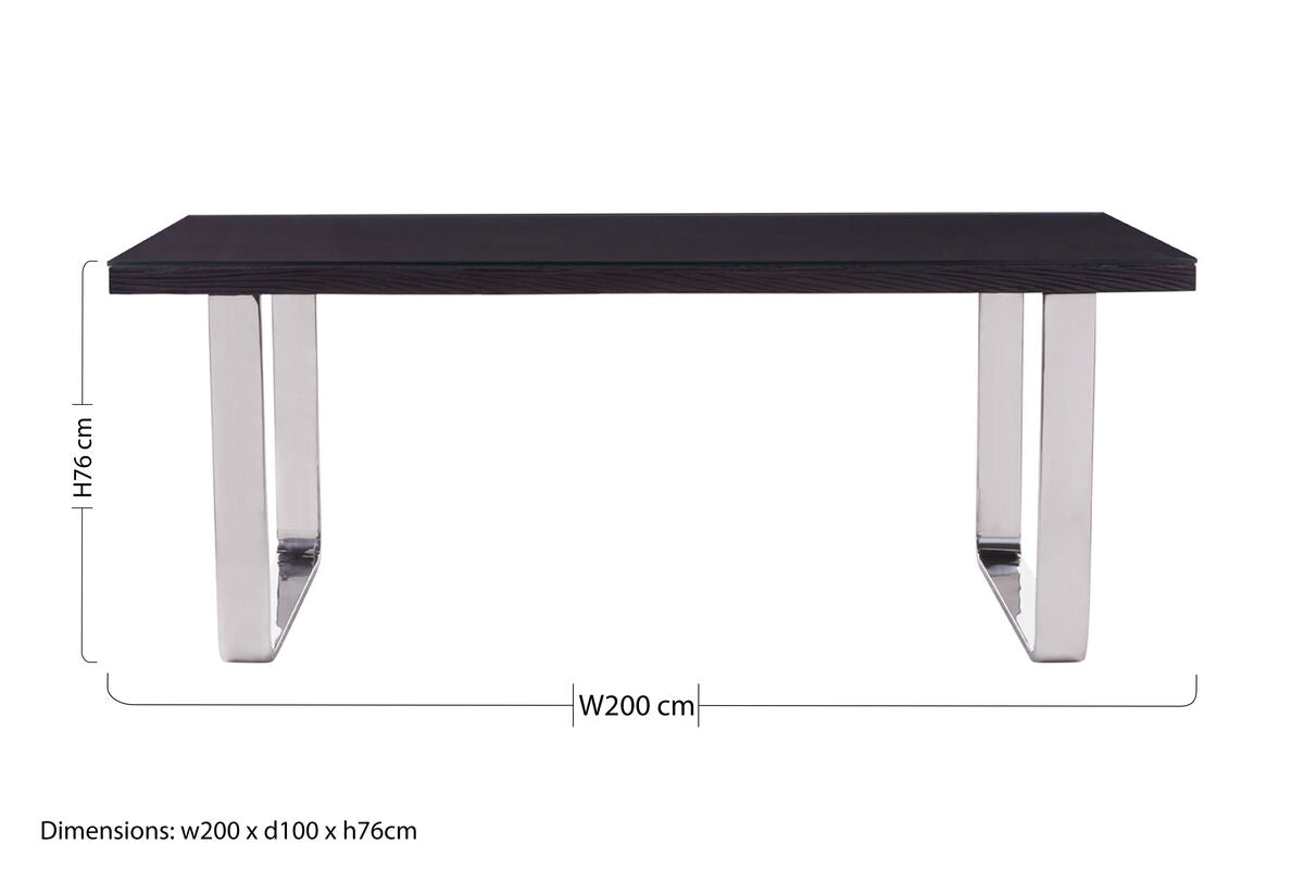 Large Black Pinewood Dining Table with Glass Top and Silver Metal Legs
