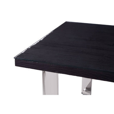 Large Black Pinewood Dining Table with Glass Top and Silver Metal Legs