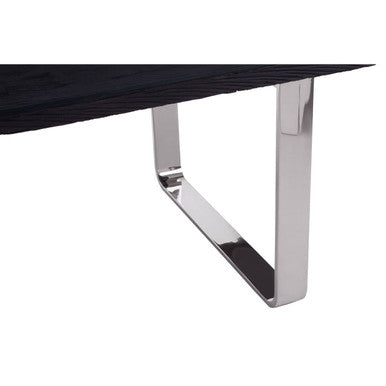 Large Black Pinewood Dining Table with Glass Top and Silver Metal Legs