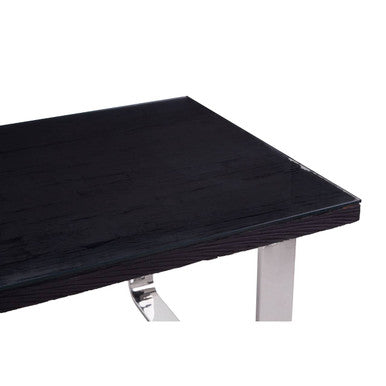Large Black Pinewood Dining Table with Glass Top and Silver Metal Legs