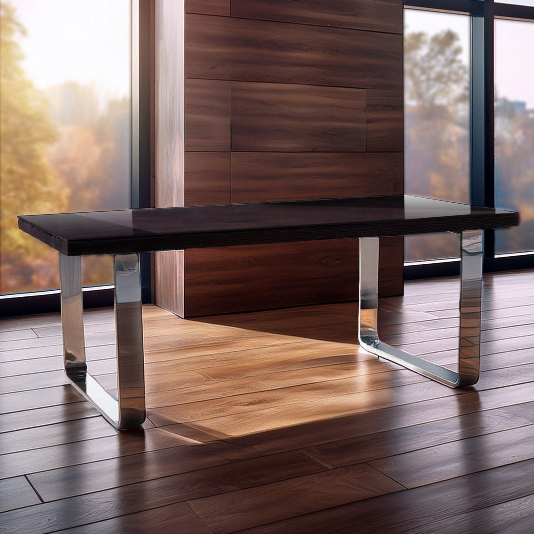 Large Black Pinewood Dining Table with Glass Top and Silver Metal Legs