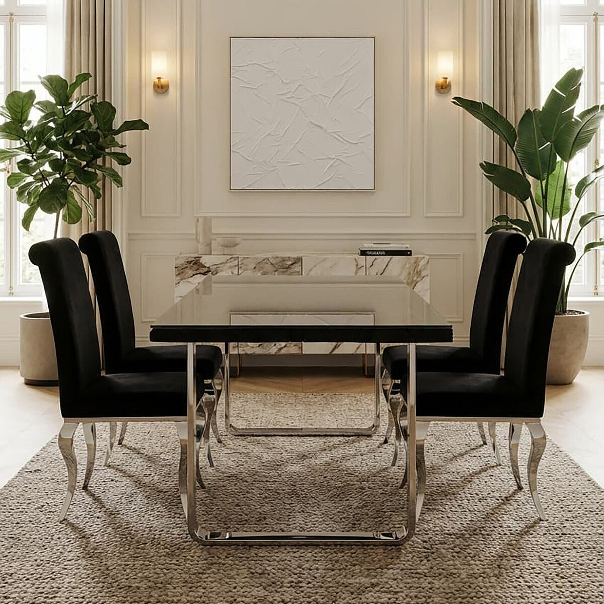 Large Black Pinewood Dining Table with Glass Top and Silver Metal Legs
