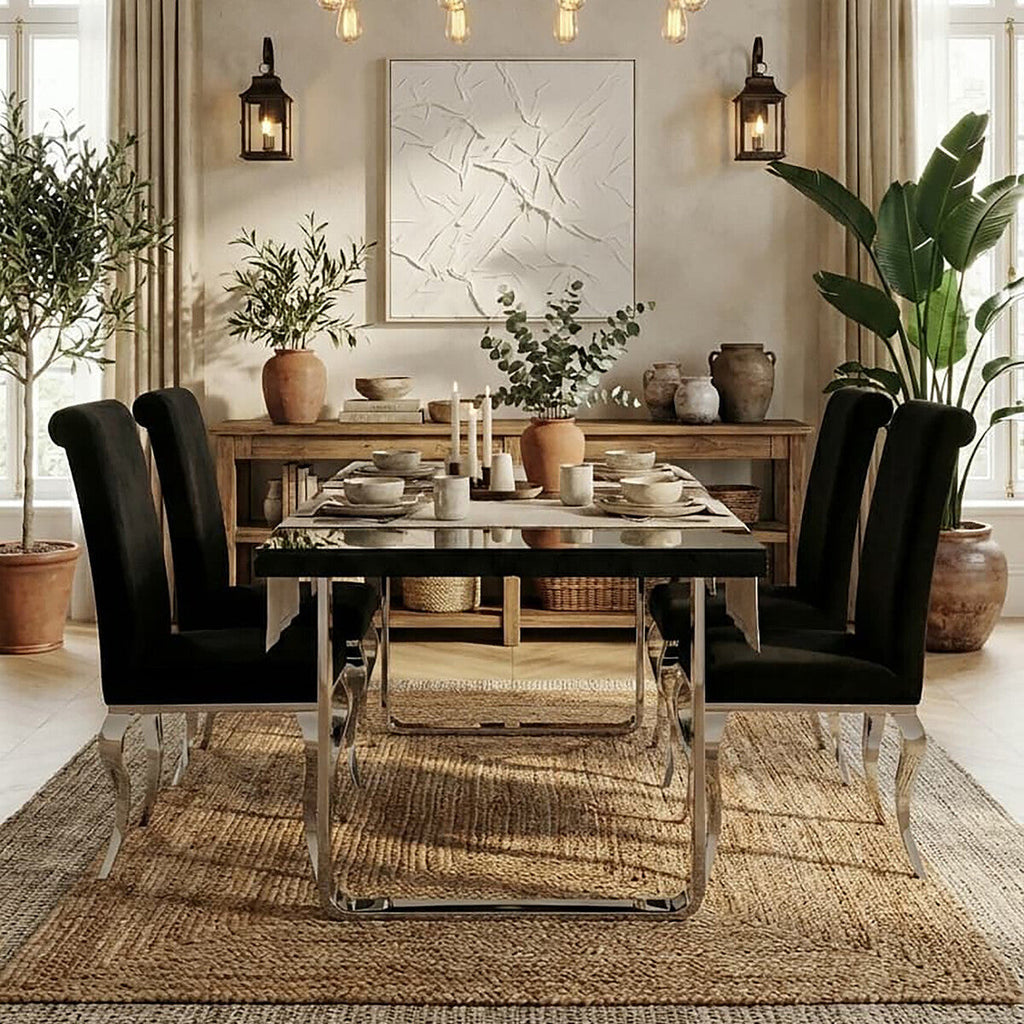 Large Black Pinewood Dining Table with Glass Top and Silver Metal Legs