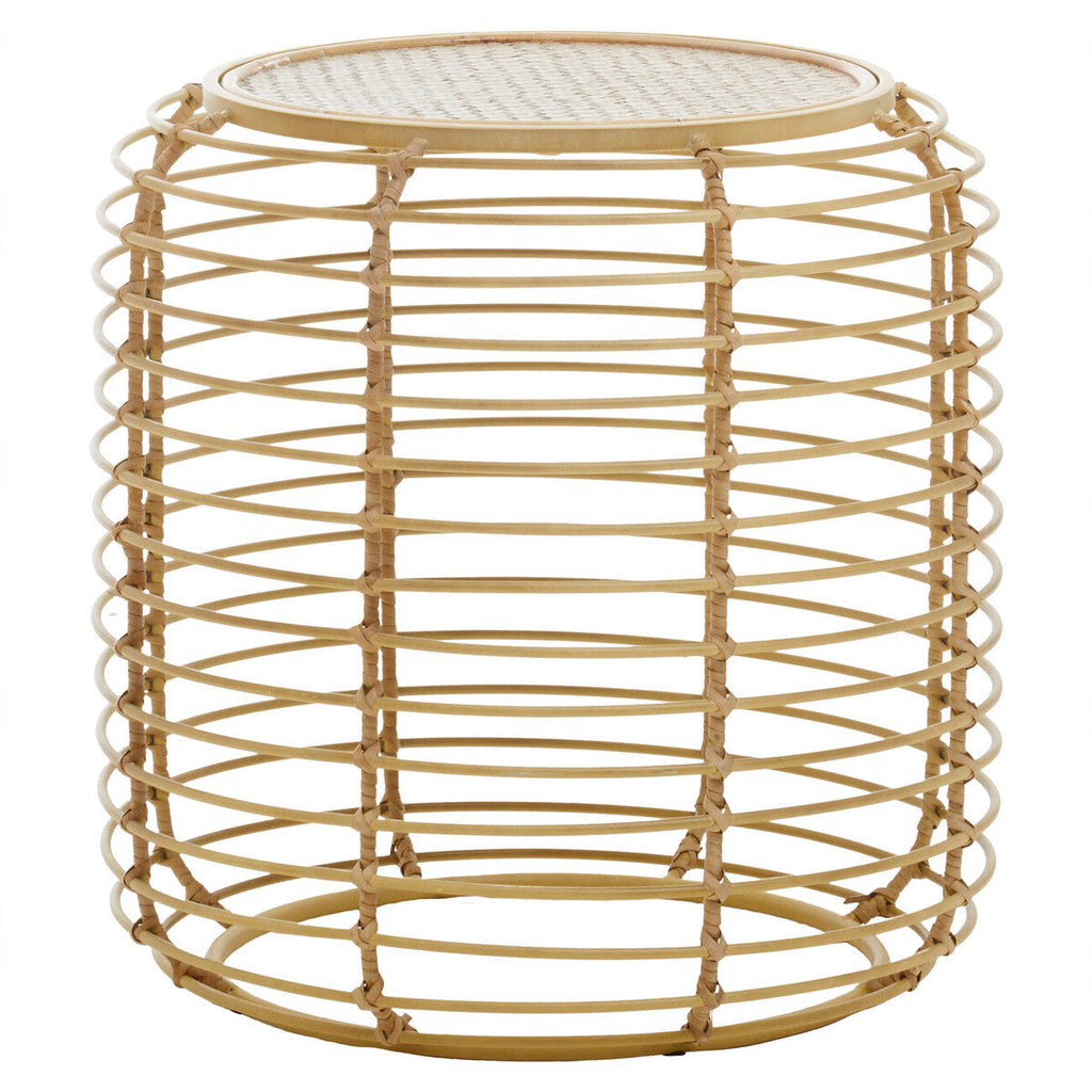 Natural Round Hand Woven Rattan Top Side Table with Gold Finish Cage Base