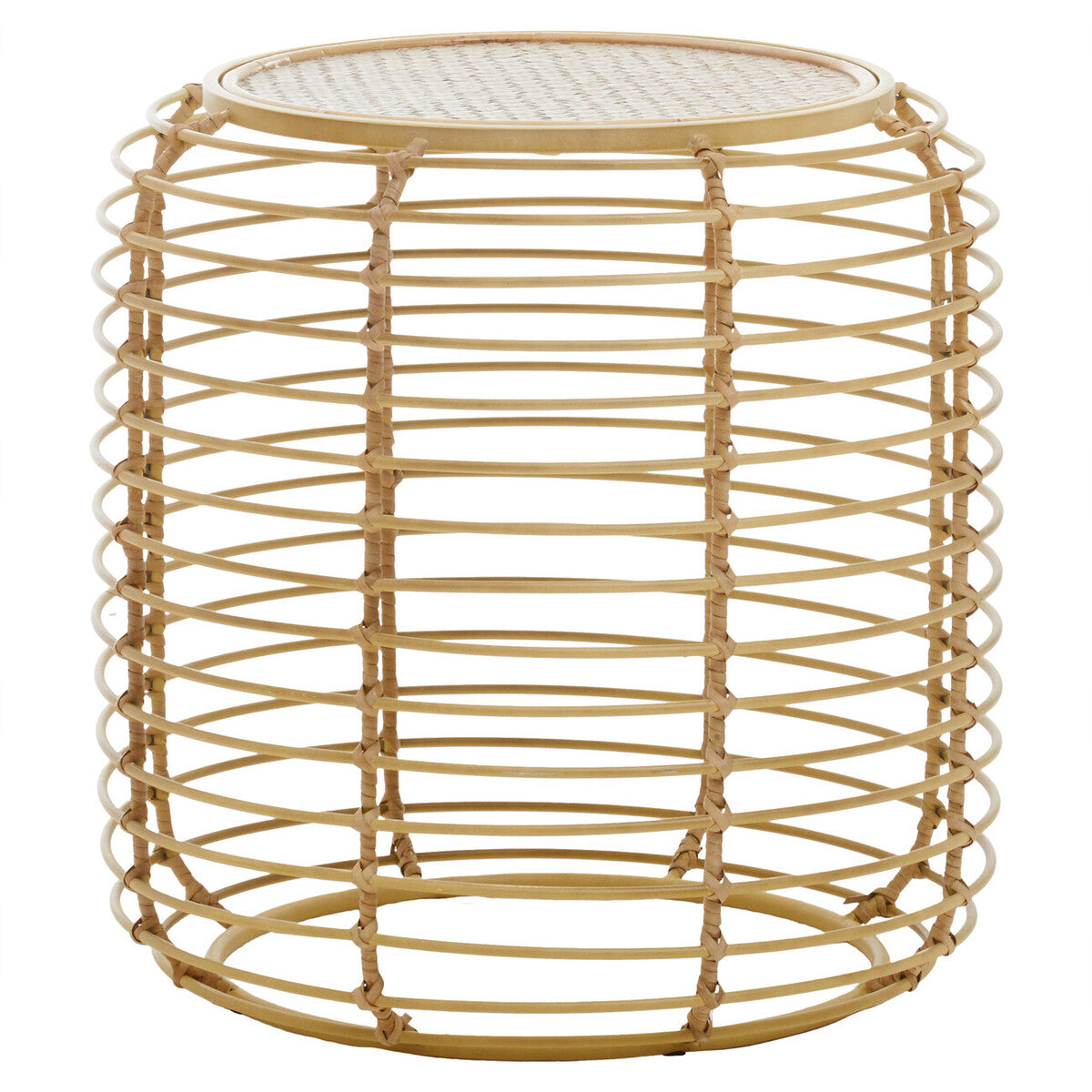 Natural Round Hand Woven Rattan Top Side Table with Gold Finish Cage Base