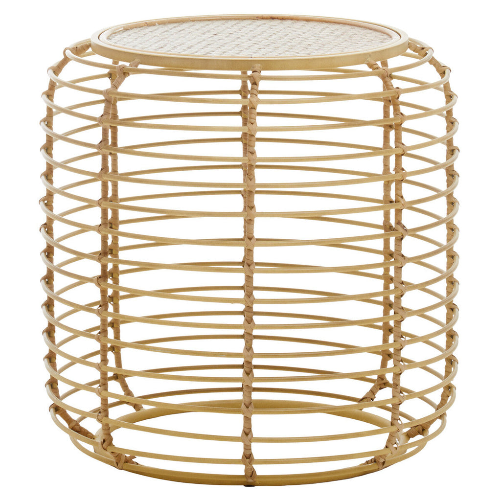 Natural Round Hand Woven Rattan Top Side Table with Gold Finish Cage Base