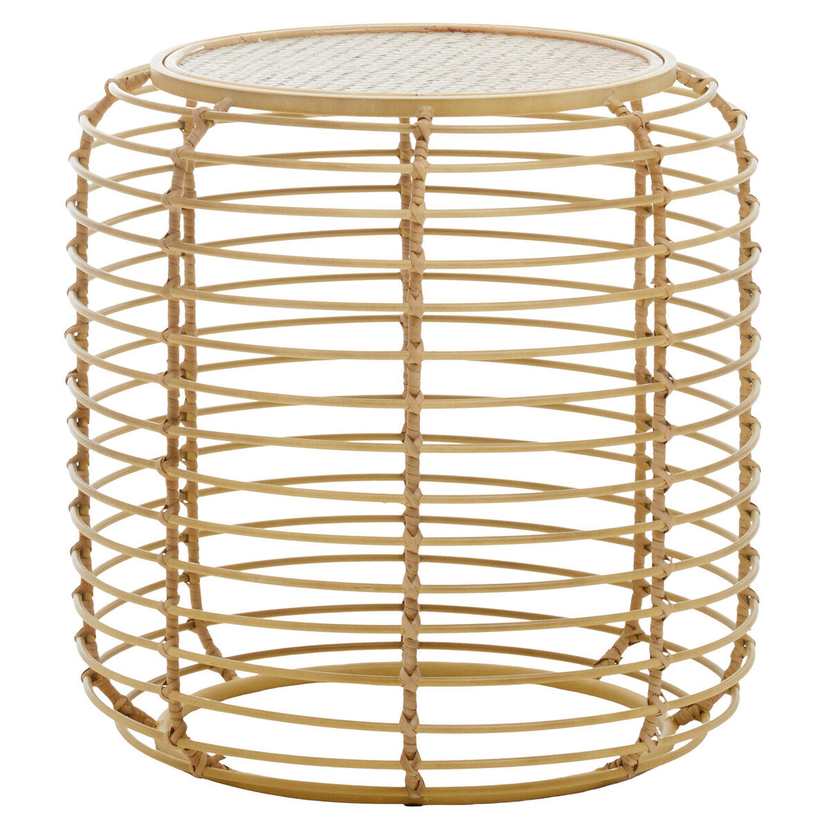 Natural Round Hand Woven Rattan Top Side Table with Gold Finish Cage Base