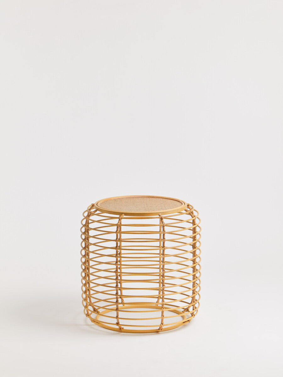 Natural Round Hand Woven Rattan Top Side Table with Gold Finish Cage Base