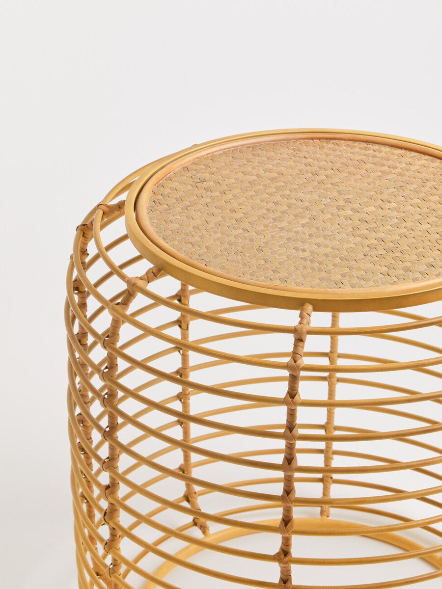 Natural Round Hand Woven Rattan Top Side Table with Gold Finish Cage Base