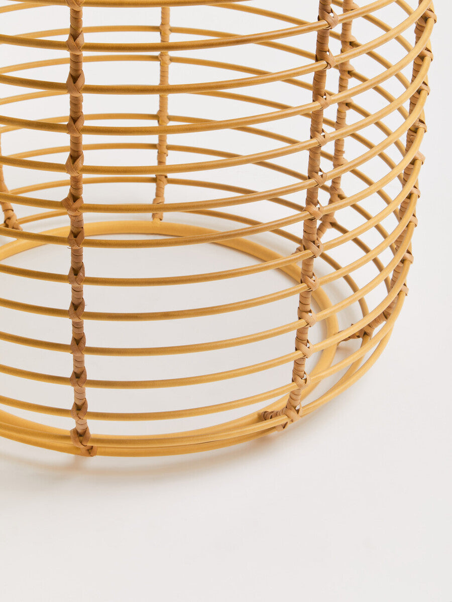 Natural Round Hand Woven Rattan Top Side Table with Gold Finish Cage Base