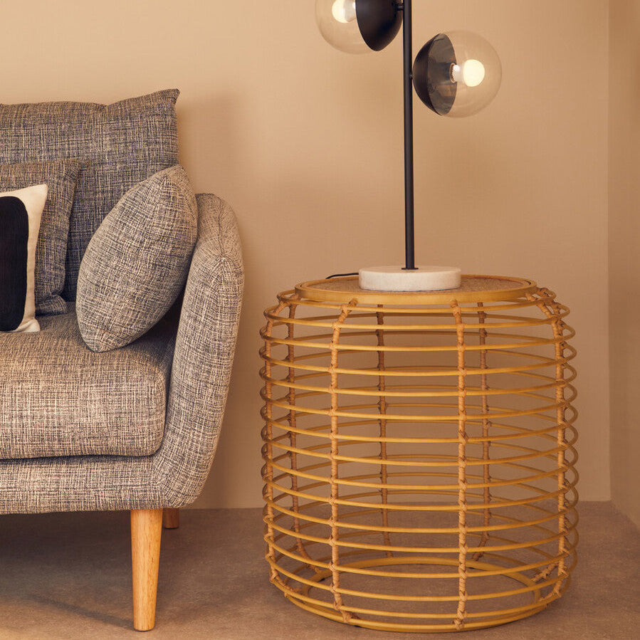 Natural Round Hand Woven Rattan Top Side Table with Gold Finish Cage Base