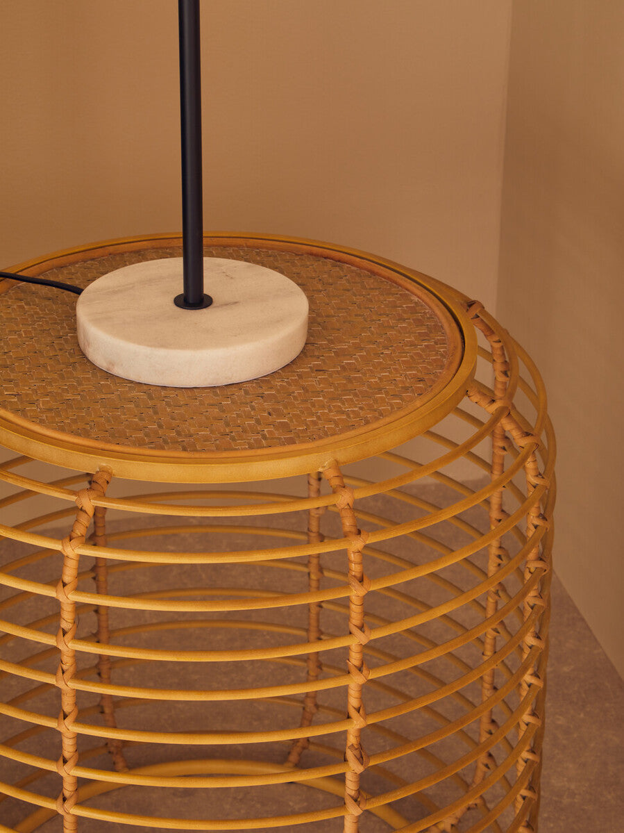 Natural Round Hand Woven Rattan Top Side Table with Gold Finish Cage Base