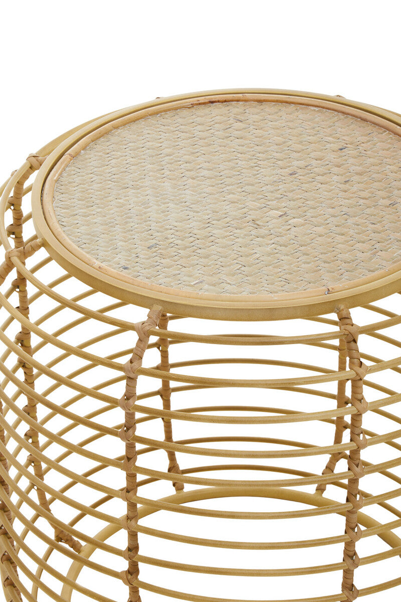 Natural Round Hand Woven Rattan Top Side Table with Gold Finish Cage Base