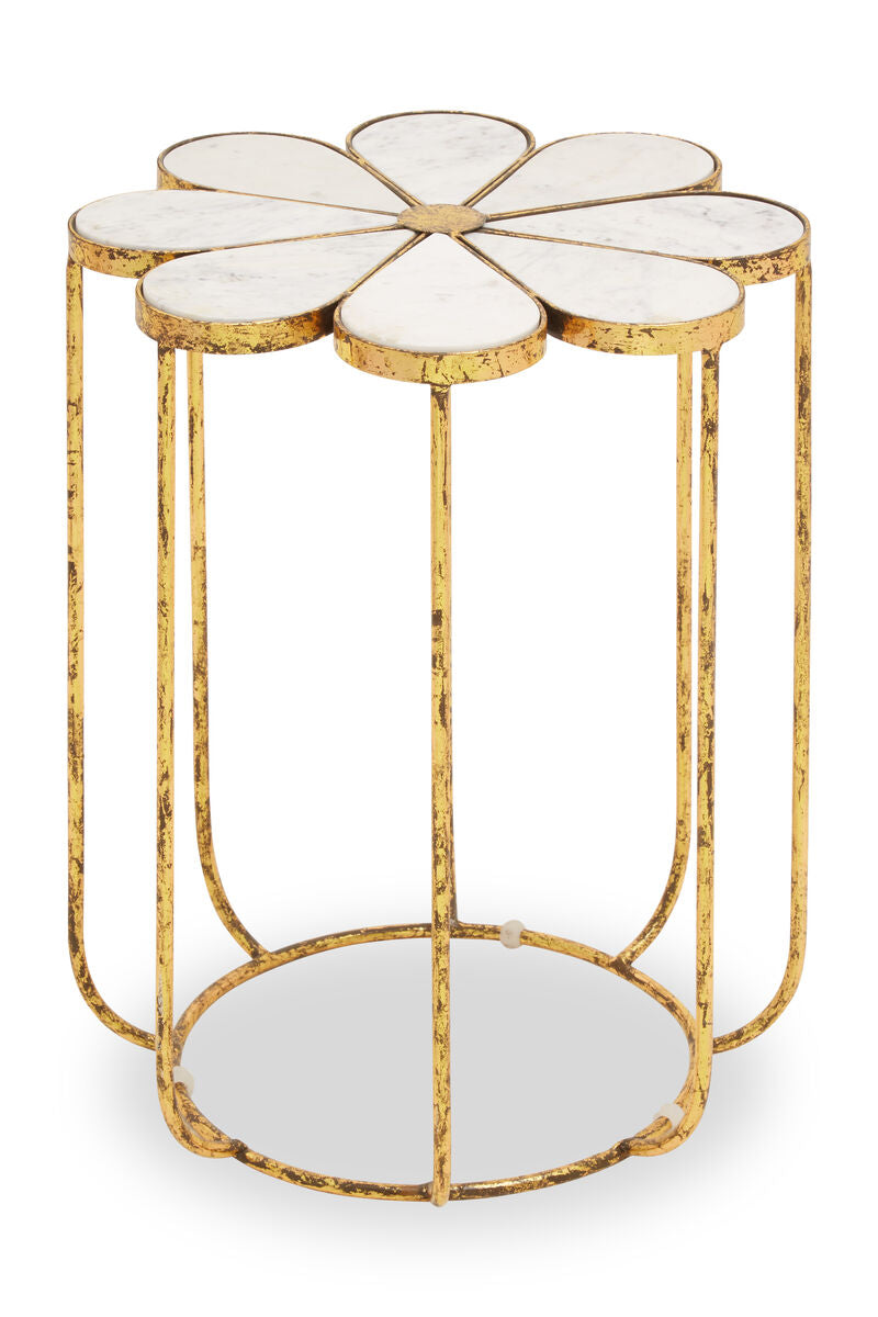White Marble Top Side Table with Petal Design Openwork Base