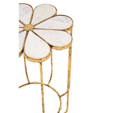 White Marble Top Side Table with Petal Design Openwork Base