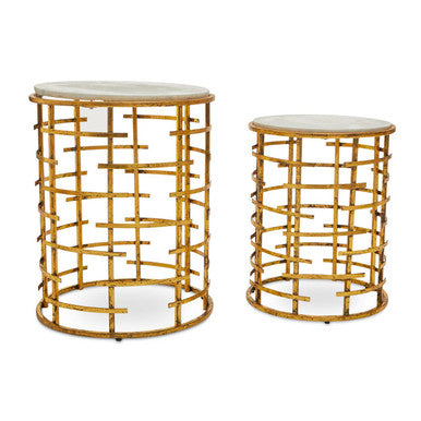 Set of 2 White Marble Round Nesting Tables with Gold Base