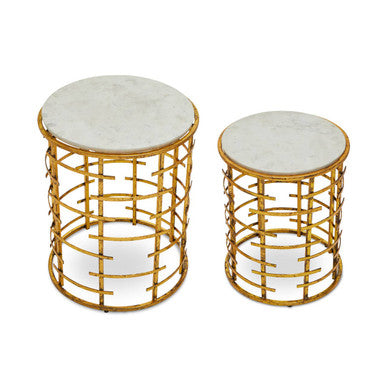 Set of 2 White Marble Round Nesting Tables with Gold Base