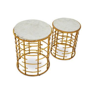 Set of 2 White Marble Round Nesting Tables with Gold Base