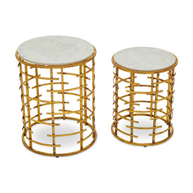 Set of 2 White Marble Round Nesting Tables with Gold Base